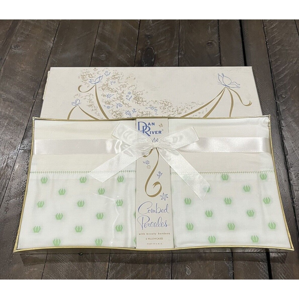 Vtg Dan River French Tulip Combed Percales 2 Pillowcase Set Green White MCM 805